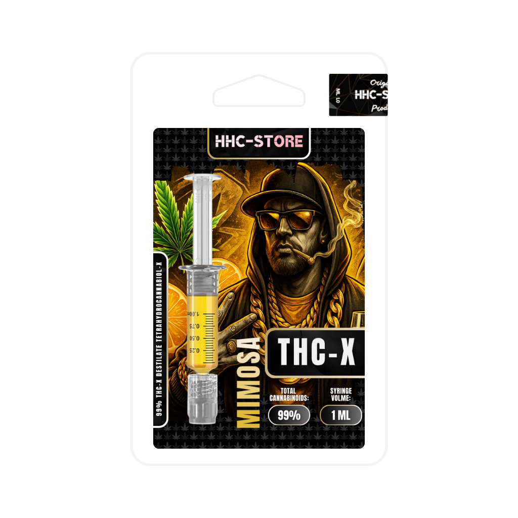 Etiketa THC-X Syringe Mimosa s údaji o obsahu a objemu